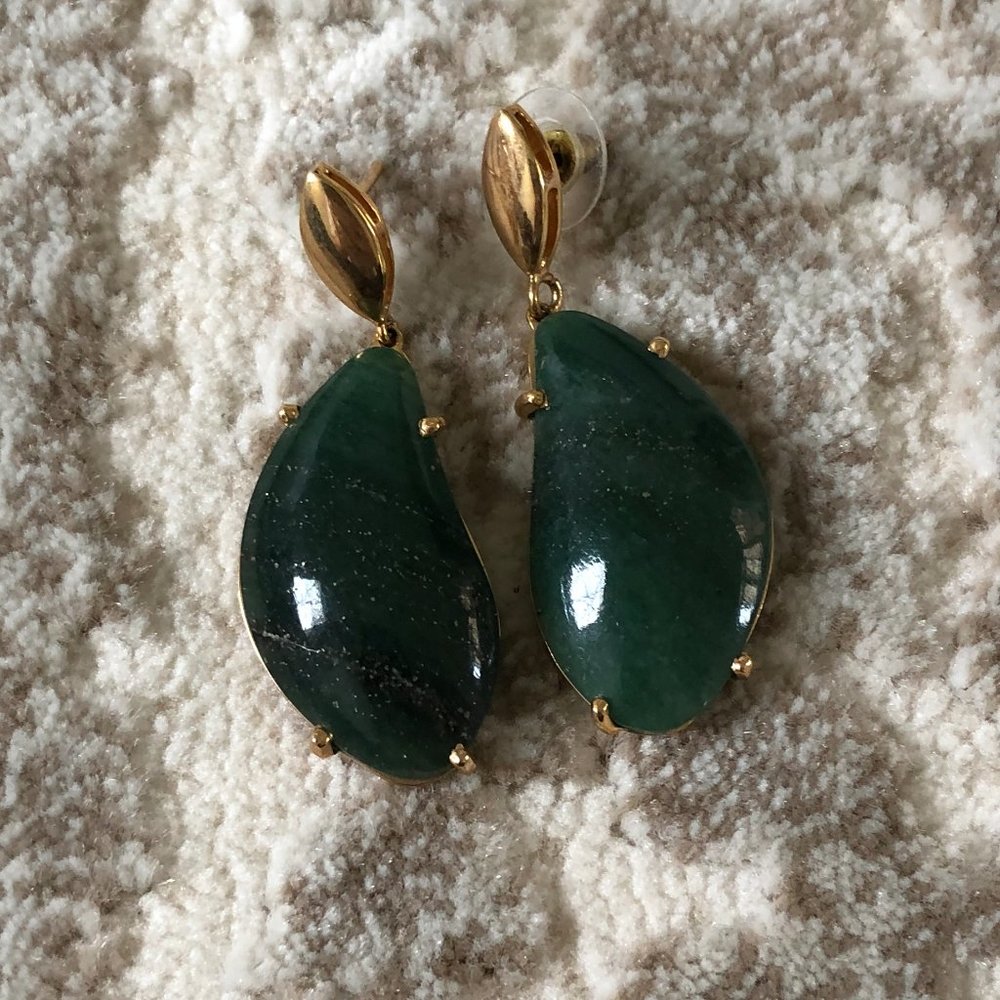 Green Stone Earrings With Gold Accents